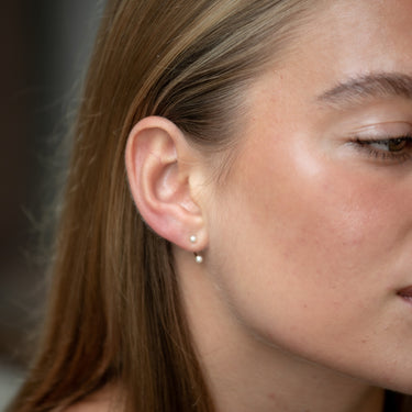 Woman Wearing Pearl Ear Jacket Stud Earrings in Gold
