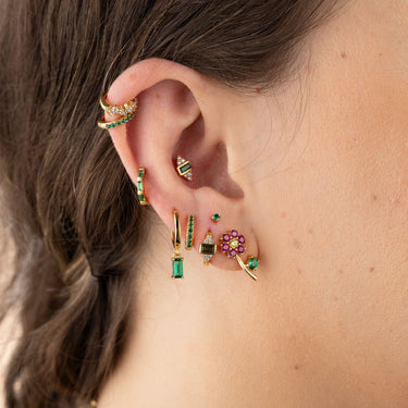 Woman Wearing Mismatched Flower Stud Earrings in Gold | Colourful Flower Stud Earrings