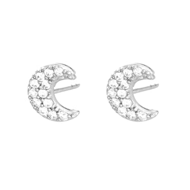 Silver Sparkling Crescent Moon Stud Earrings | Celestial Inspired Studs