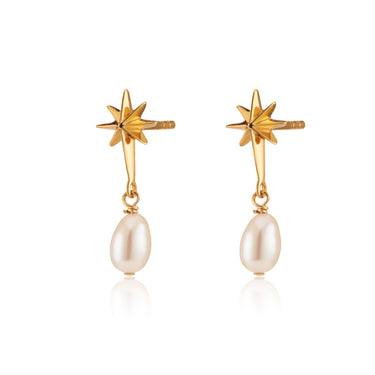 Gold Star Stud Earrings with Pearl Drop