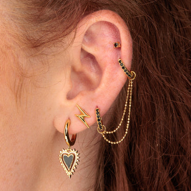 Gold Black Stone Huggie Hoop Earrings with Double Chain Connector, Black Heart Charm Hoops and Flat Back