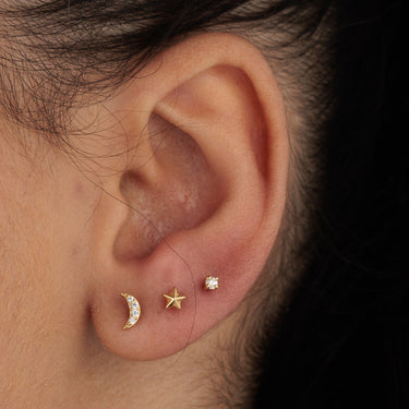 Sparkling Moon Gold Flat Back Earring in Lower Lobe Ear Piercing