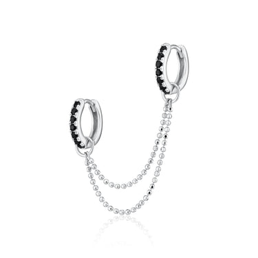 Silver Black Stone Huggie Hoop Earrings with Double Chain Connector