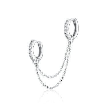 Silver Clear Stone Huggie Hoop Earrings with Double Chain Connector