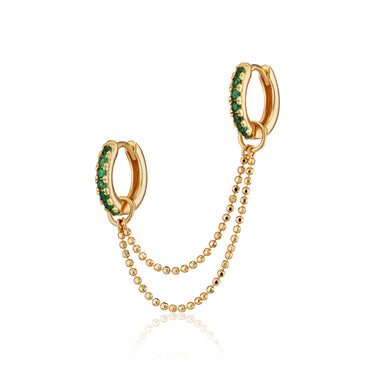 Emerald Green Double Huggie Earring with Twin Chain Connector in Gold