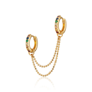 Gold Rainbow Double Huggie Earring with Twin Chain Connector
