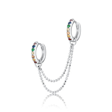 Silver Rainbow Double Huggie Earring with Twin Chain Connector