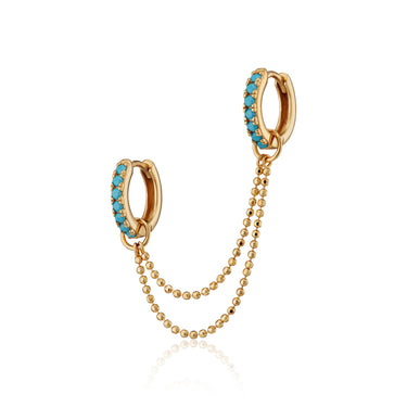 Gold Turquoise Double Huggie Earring with Twin Chain Connector