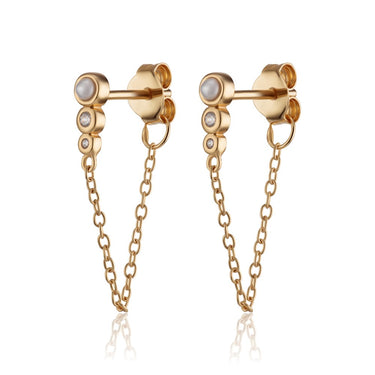 Gold Chained Pearl Stud Earrings