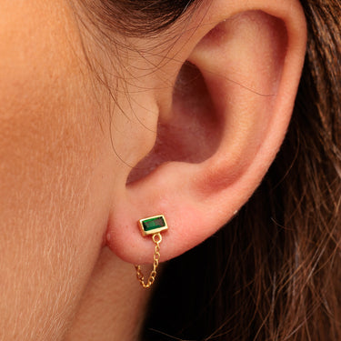 Chained Baguette Stud Earrings with Green Stone