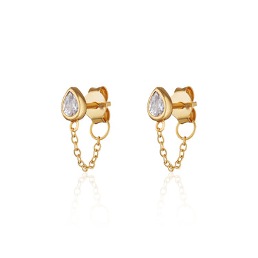 Gold Chained Teardrop Stud Earrings with Clear Stone