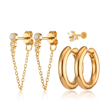 Gold chunky Pearl Earring Stacking Set consisting of hoops, chained studs & a flat back earring