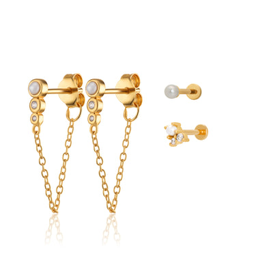 Gold Pearl Earring Set for 4 Piercings in the lobe or cartilage