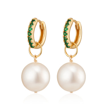 Emerald Green CZ Charm Hoop Earrings with Baroque Pearls