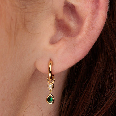 Gold Emerald Green Teardrop and Pearl Charm Hoop Earrings