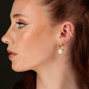 Emerald Green trinity stud earrings in green and pearl ear stack