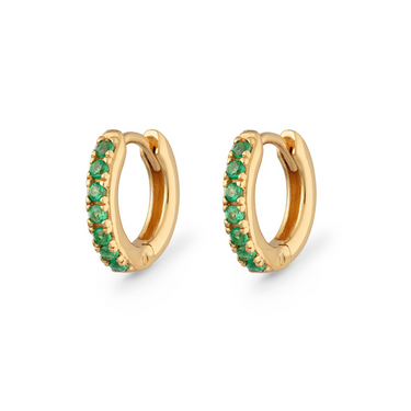 Gold Huggie Earrings with Green CZ Stones