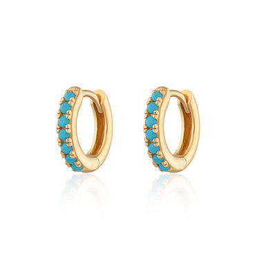 Gold Huggie Hoop Earrings with Turquoise Stones