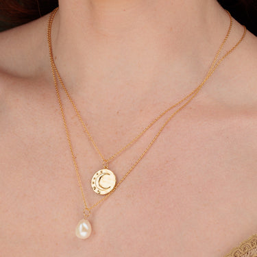 Gold Moon Phase Necklace with Baroque Pearl Pendant