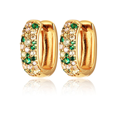Gold Chunky Small Hoop Earrings with a mix of Clear and Green Stones
