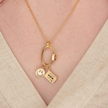 Gold Oval Carabiner Charm Collector Necklace with Gold Smiley Face and Mix Tape Charms