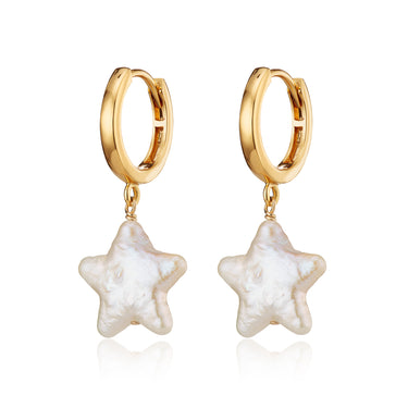 Gold Pearl Star Charm Hoop Earrings