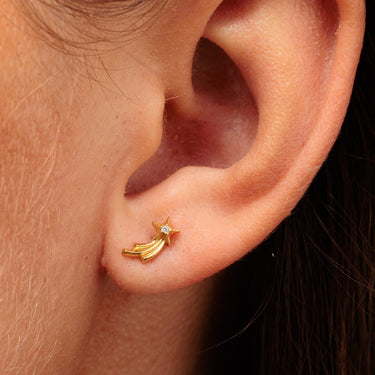 Gold Shooting Star Helix Flat Back Labret Stud Earring with Clear Stone