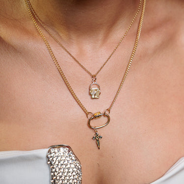 Gold Walkman Necklace with Carabiner Necklace & Cross Charm