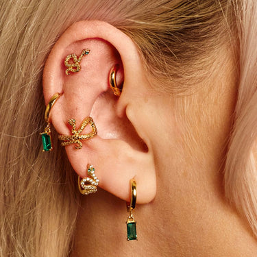 Green Stone and Snake Ear Cuffs, Huggie Earrings, Studs and Charm Hoops in Ear Stack