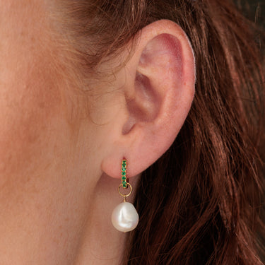 Emerald Green CZ Huggie Earrings with Baroque Pearl Drop in Earlobe Piercing