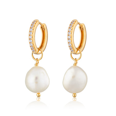 Sparkle & Pearl Charm Hoop Earrings in Gold