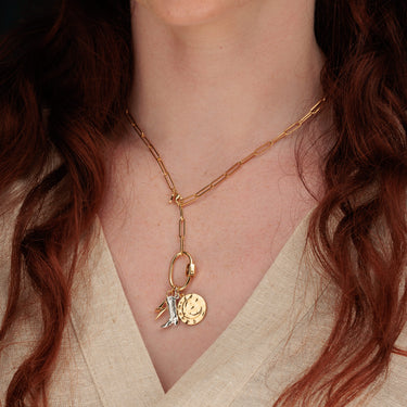 Gold Oval Carabiner Long Link Charm Collector Necklace with Charms