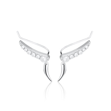 Silver Pearl Ear Climber Earrings with Claw Drop