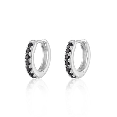 Silver Huggie Hoop Earrings with Black Stones