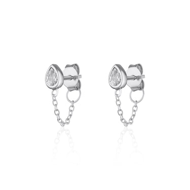 Silver Chained Teardrop Stud Earrings with Clear Stone