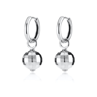 Pair of Silver Disco Ball Charm Hoop Earrings
