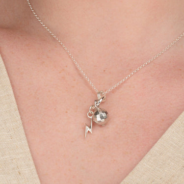 Silver Disco Ball and Lightning Bolt Charm on Charm Collector Necklace
