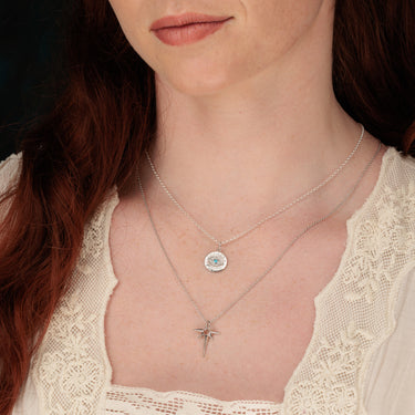 Woman Wearing Silver Evil Eye Charm Necklace with Angel Star Pendant