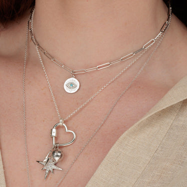 Silver Evil Eye Charm on Chain Necklace with Heart Carabiner Necklace