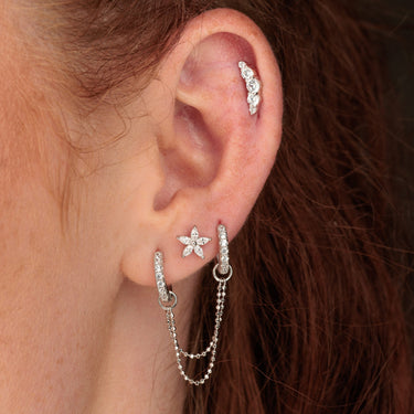 Helix Curve Flat Back Earring with Clear Stone Chained Huggie Hoops