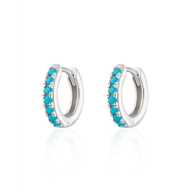 Silver Huggie Hoop Earrings with Turquoise Stones