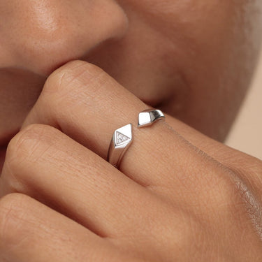 Woman Wearing Silver Rebel Open Ring | Silver Geometric Ring with Clear Stones