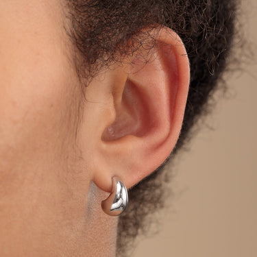 Woman Wearing Silver Teardrop Stud Earrings | Chunky Teardrop Studs