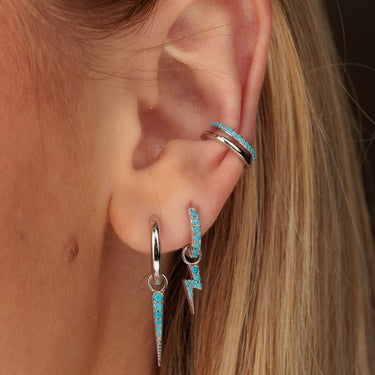 Silver Turquoise Double Band Ear Cuff with Lightning and Spike Charm Hoop Earrings