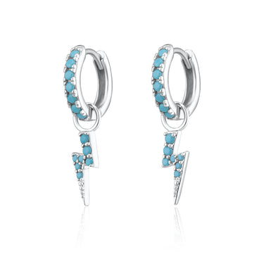 Pair of silver lightning bolt charm hoop earrings with turquoise nano stones