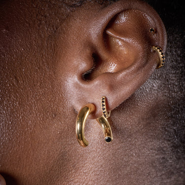Gold Open Hoop Single Earring with Black Stones in Ear Lobe Piercing