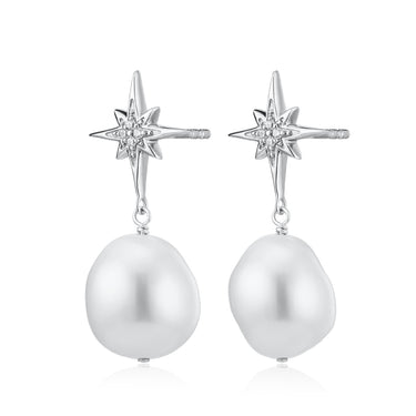 Pearl Drop Star Stud Earrings in Silver