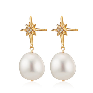 Pearl Drop Star Stud Earrings in Gold