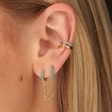 Gold Turquoise Double Huggie Earring with Twin Chain Connector in Double Ear Lobe Piercing
