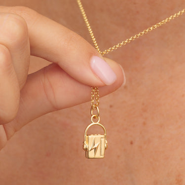 Gold Walkman Charm Necklace Back View Held in Hands